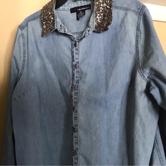 Denim 24/7 Plus Sz18W Long Sleeve Silver Sequined Collar Denim Shirt Comfy - Picture 5 of 7
